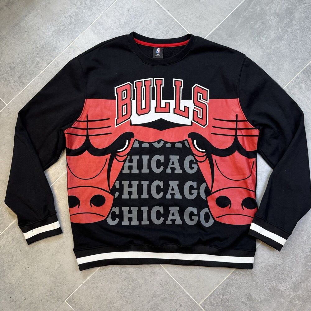 Chicago Bulls Crewneck Sweatshirt XL AOP Big Logo NBA Black Rare